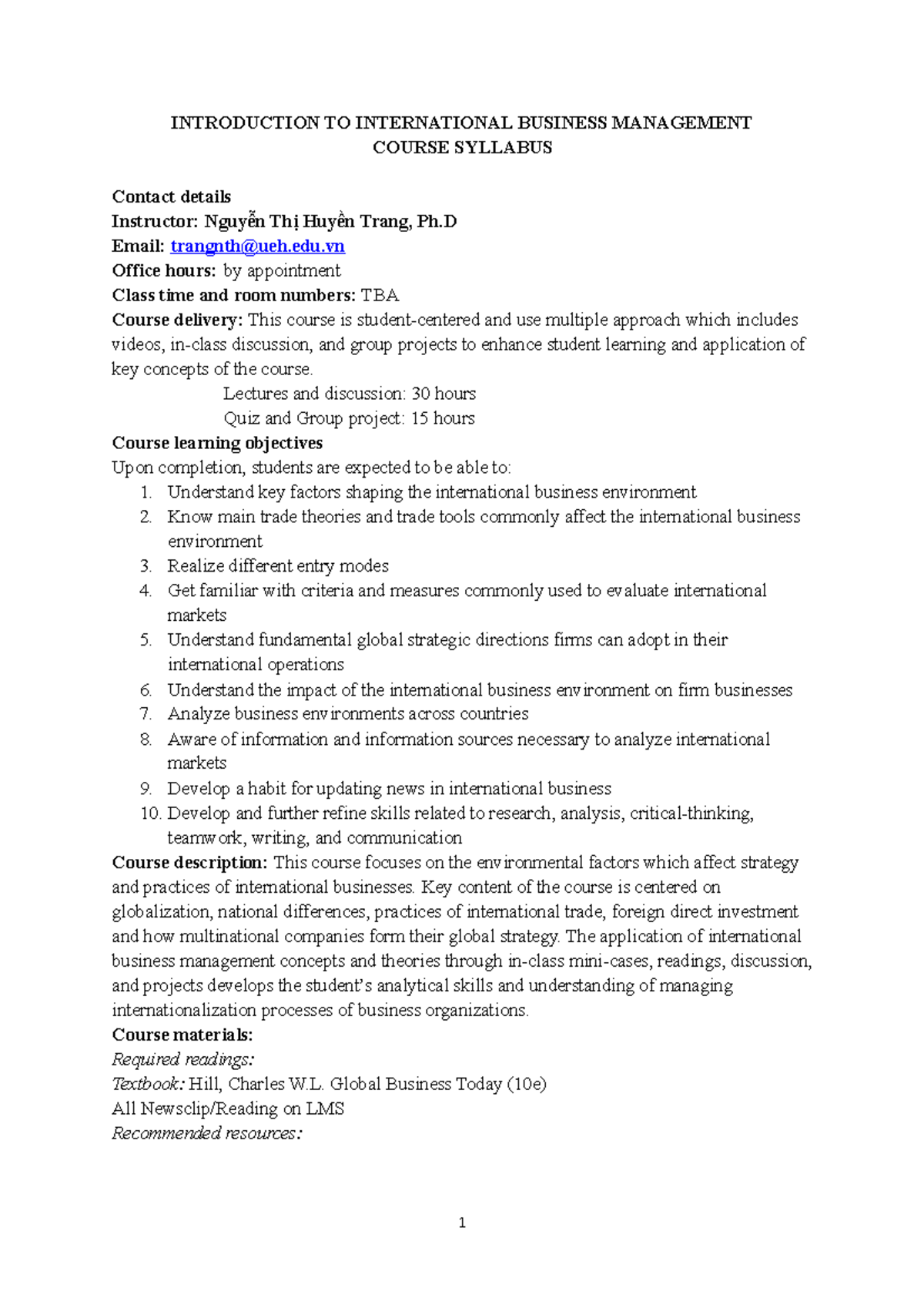 Syllabus IB 2023 - INTRODUCTION TO INTERNATIONAL BUSINESS MANAGEMENT ...