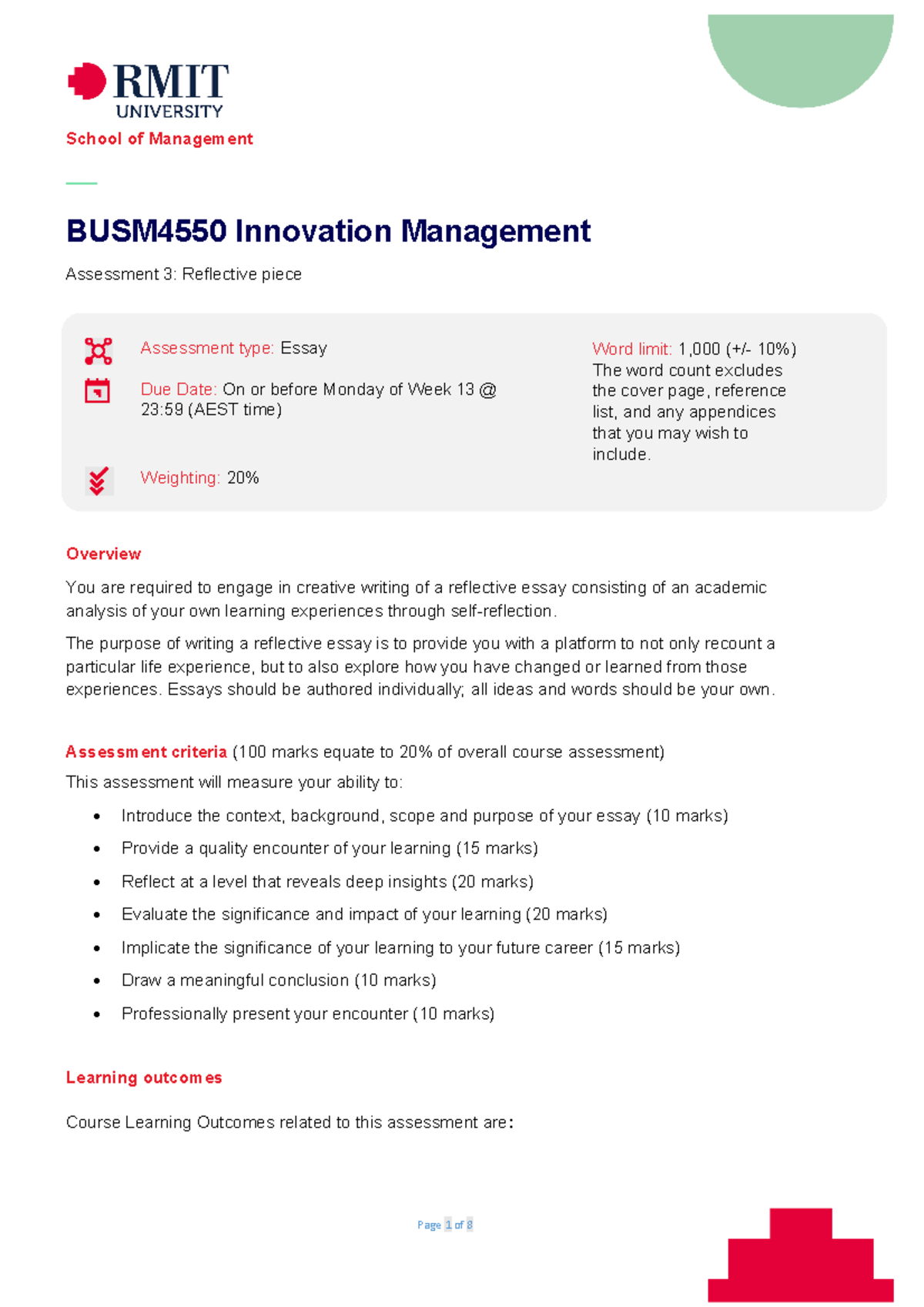 BUSM4550 Assessment Task 3 - School of Management — BUSM4550 Innovation ...