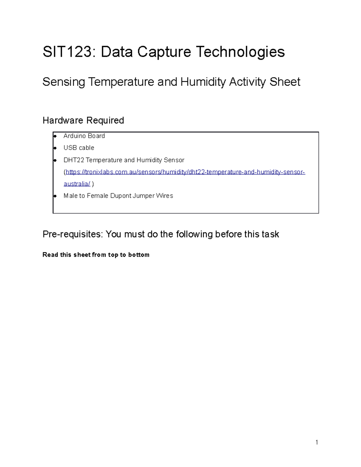 Sensing Temperature and Humidity Activity Sheet - SIT123: Data Capture ...