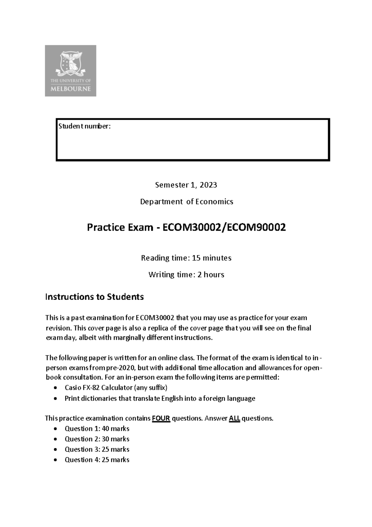 ECOM30002 Practice Exam - Student number: Semester 1, 2023 Department ...