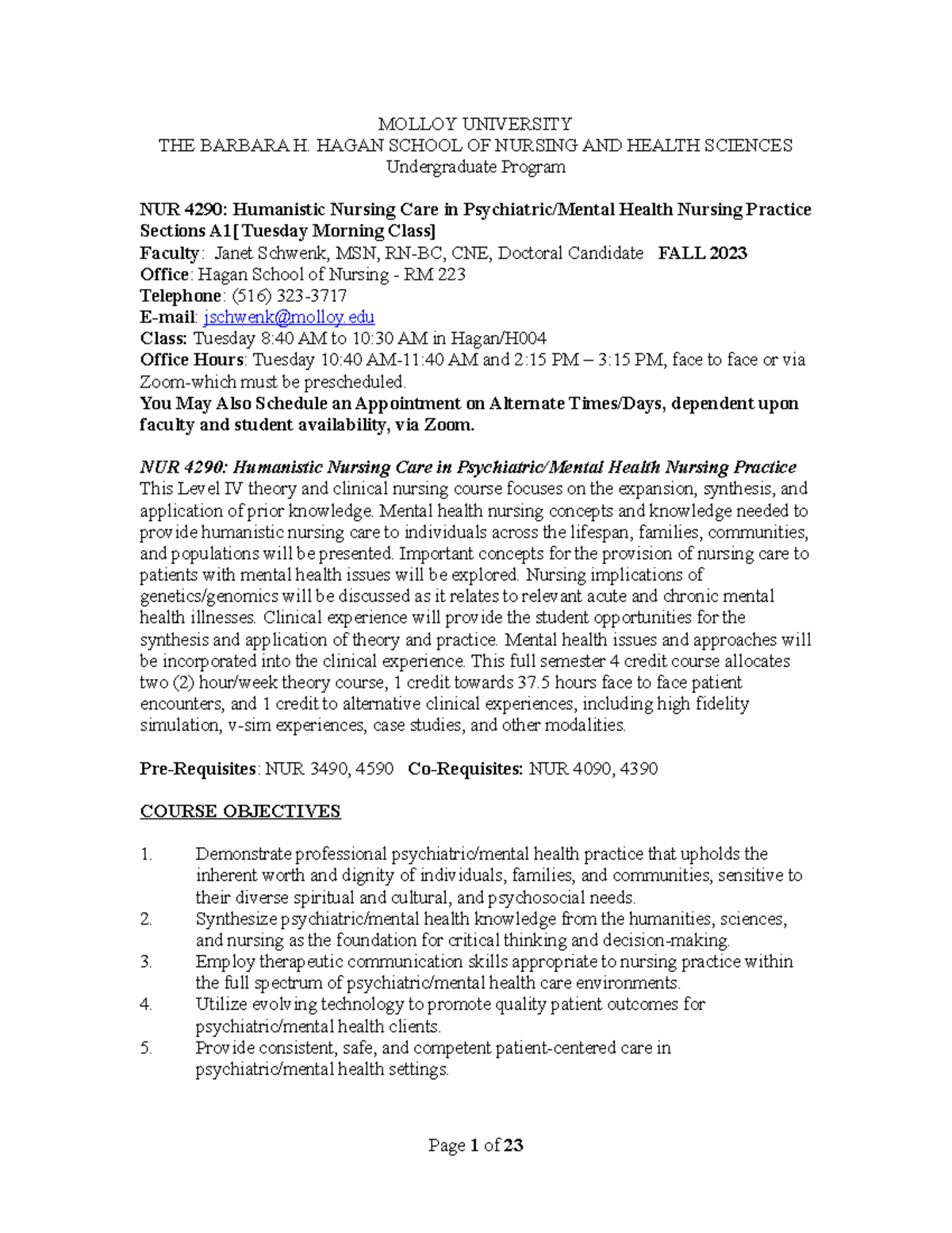 Nur 4290 Syllabus - MOLLOY UNIVERSITY THE BARBARA H. HAGAN SCHOOL OF ...