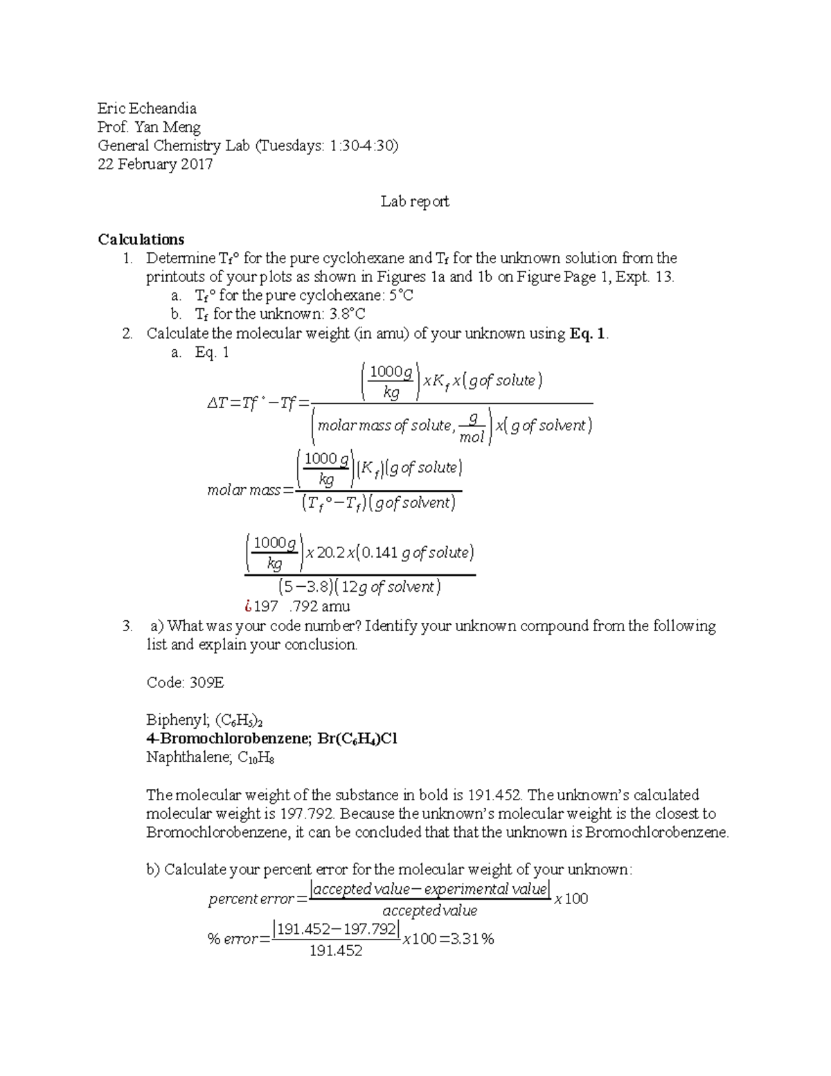 Post Lab 3 Assignments Eric Echeandia Prof Yan Meng General Chemistry Lab Tuesdays 22 Studocu