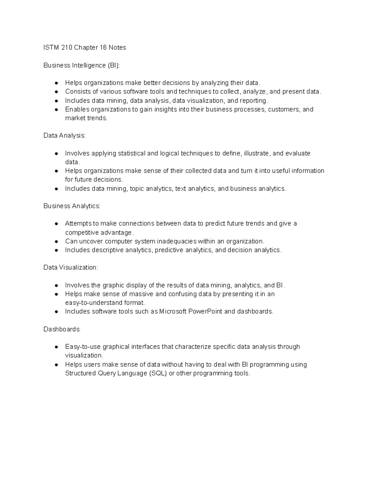 Chapter 16 Summary - ISTM 210 Chapter 16 Notes Business Intelligence ...