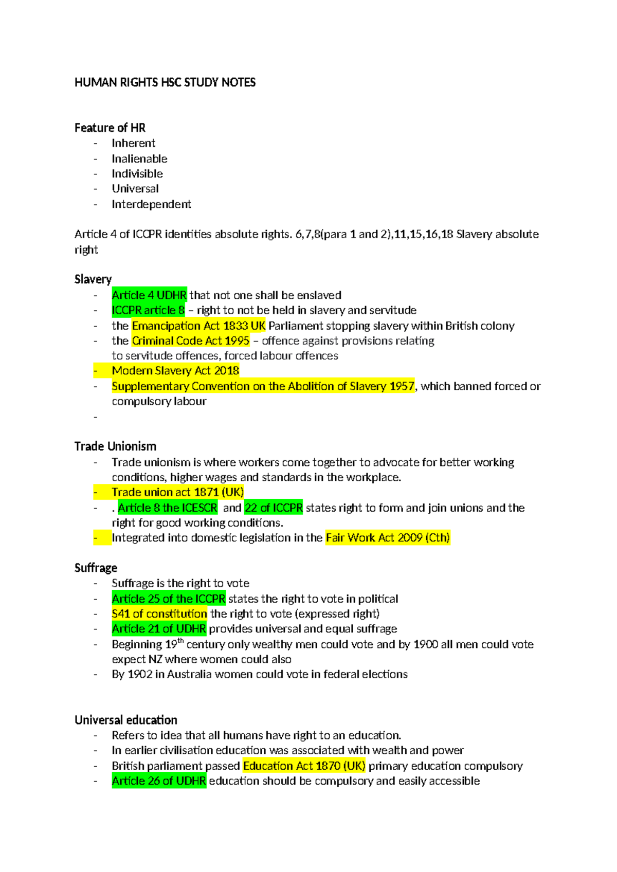 Human Rights - ntoes - HUMAN RIGHTS HSC STUDY NOTES Feature of HR ...