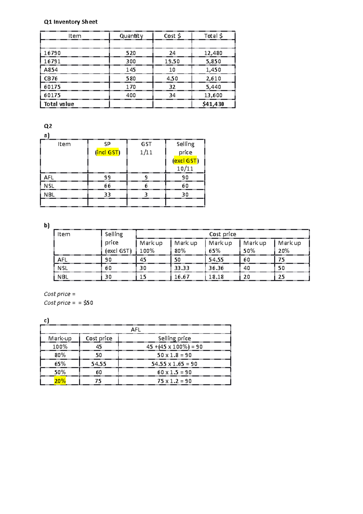 Ch 17 worksheets Workings 3 2022 - Q1 Inventory Sheet Item Quantity ...