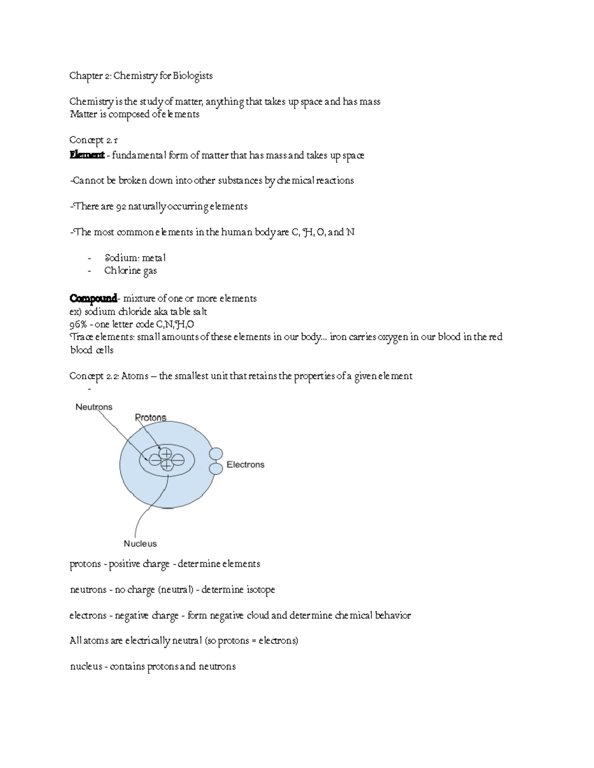 Biology 101 Chapter 2 Notes - Chapter 2: Chemistry For Biologists ...