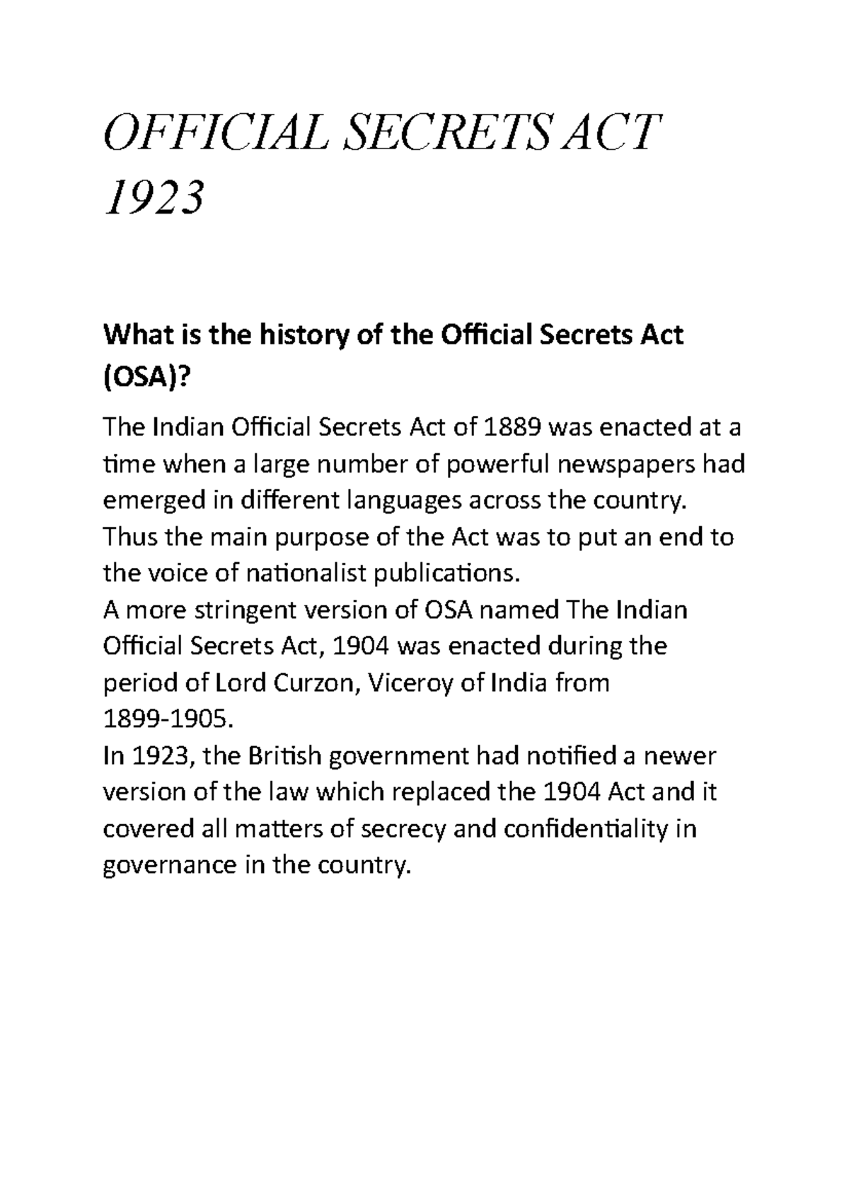 OSA & RTI - OSA And RTI - OFFICIAL SECRETS ACT 1923 What is the history ...