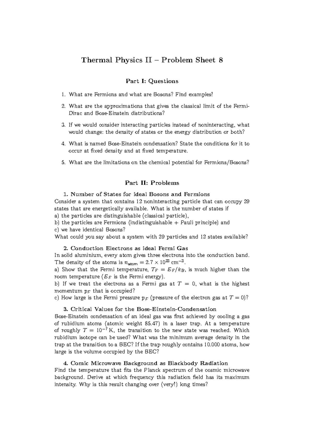 PX265 2012-2013 Problem Sheet 8 - Thermal Physics II – Problem Sheet 8 ...