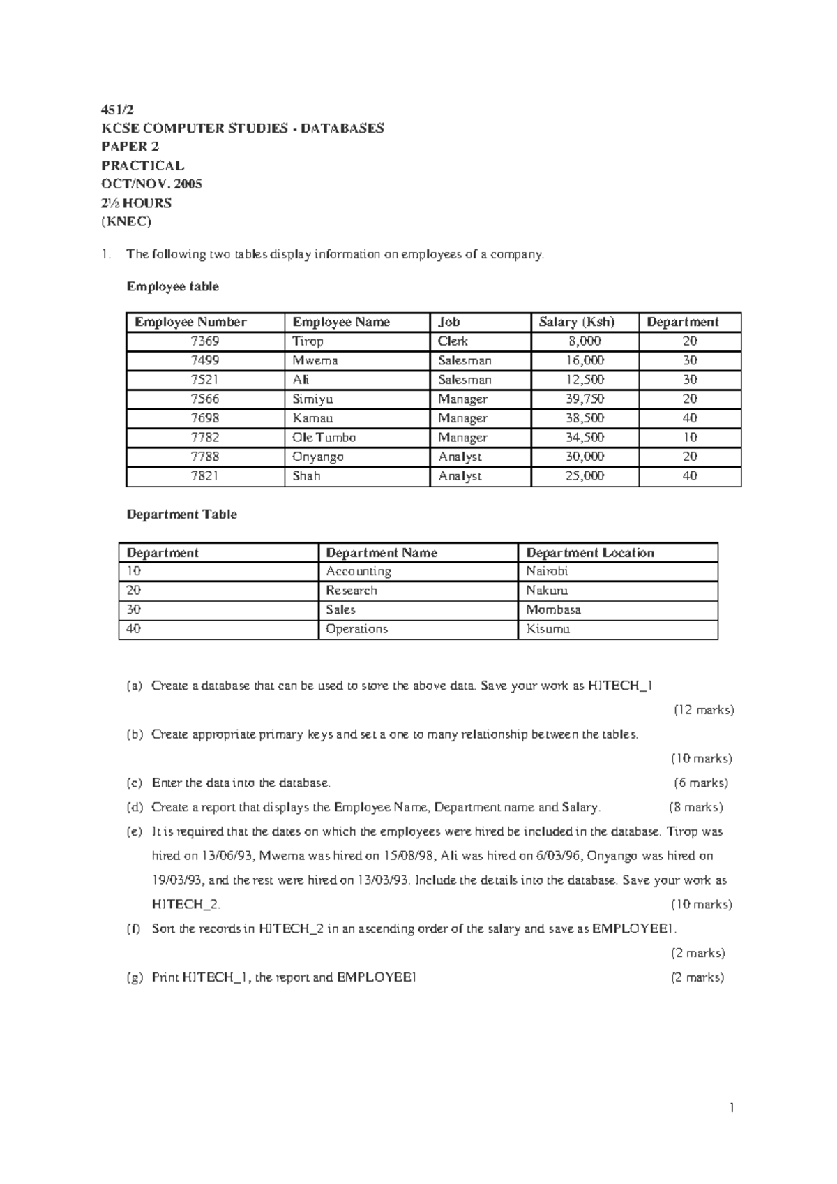 KCSE Computer Studies Database Qstns 2005 - 2021 - 451/ KCSE COMPUTER ...