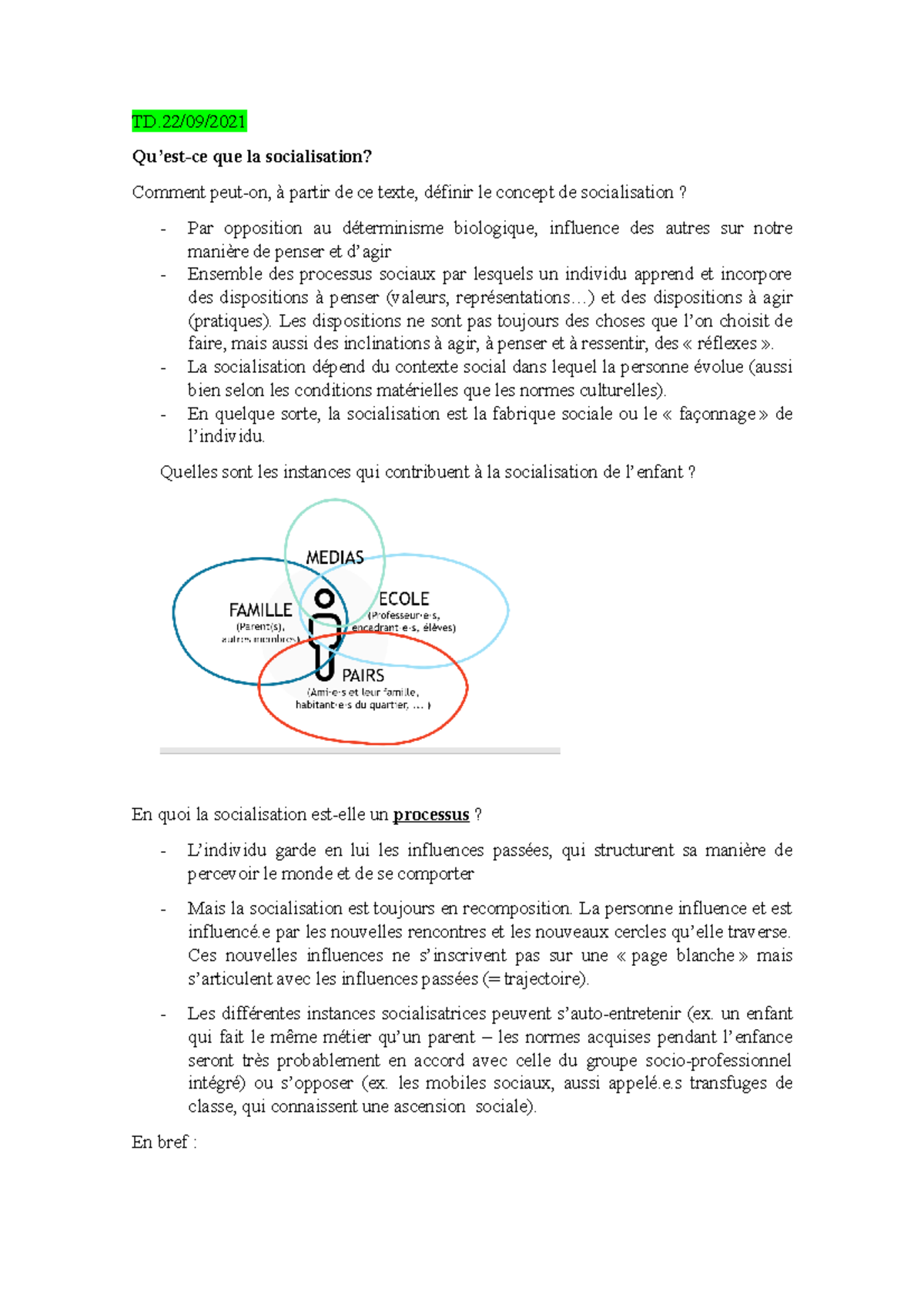 TD. Réponses Du Questions Du TD - TD/09/ Qu’est-ce Que La Socialisation ...