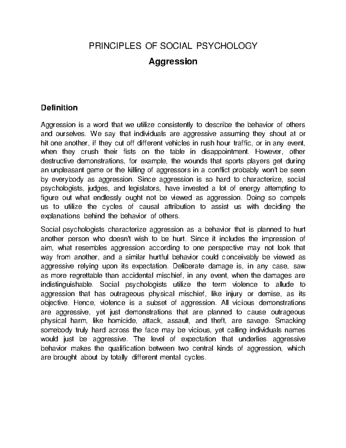 Aggression - PRINCIPLES OF SOCIAL PSYCHOLOGY Aggression Definition ...