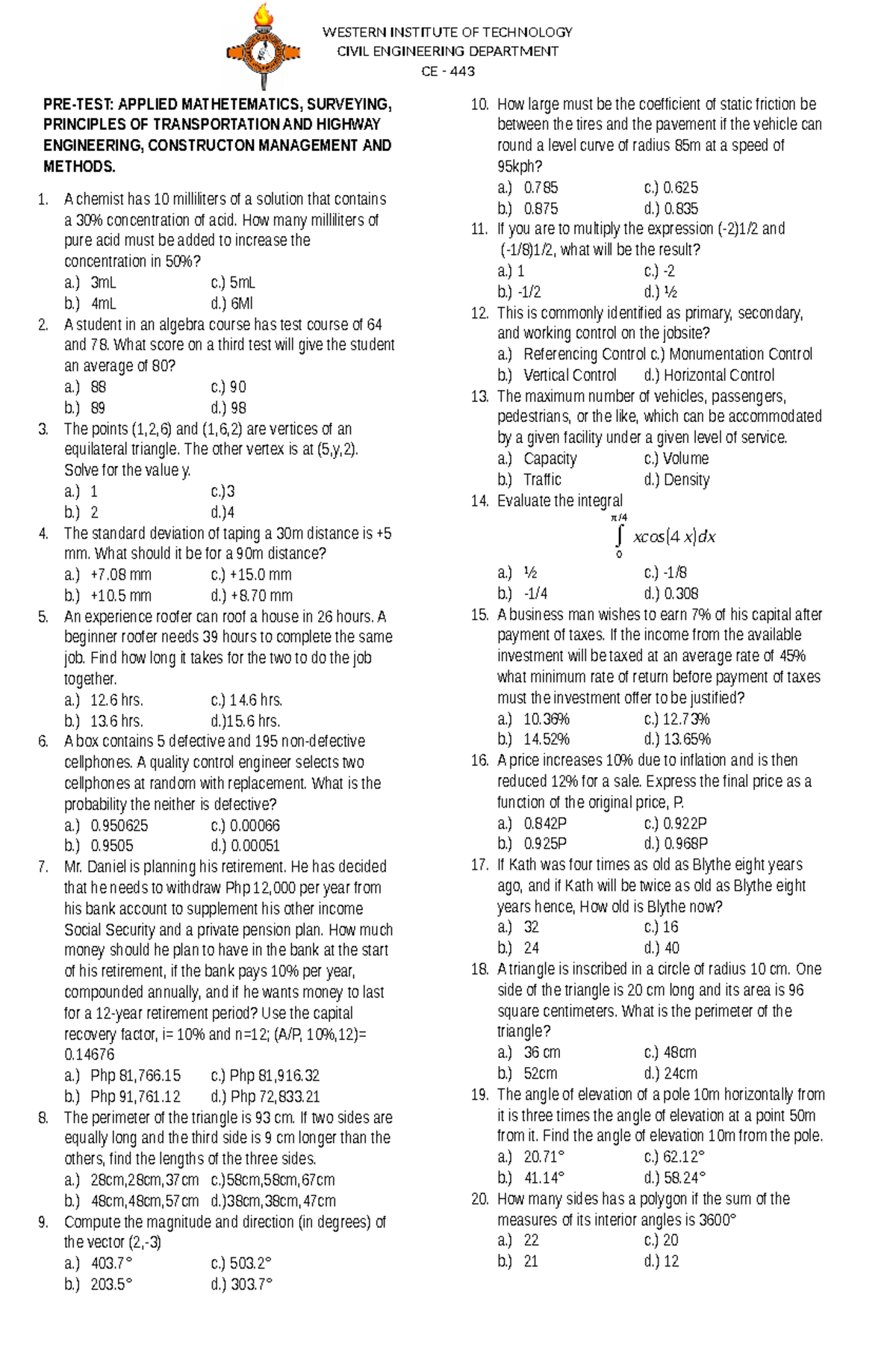 PRE-TEST - review notes - WESTERN INSTITUTE OF TECHNOLOGY CIVIL ...