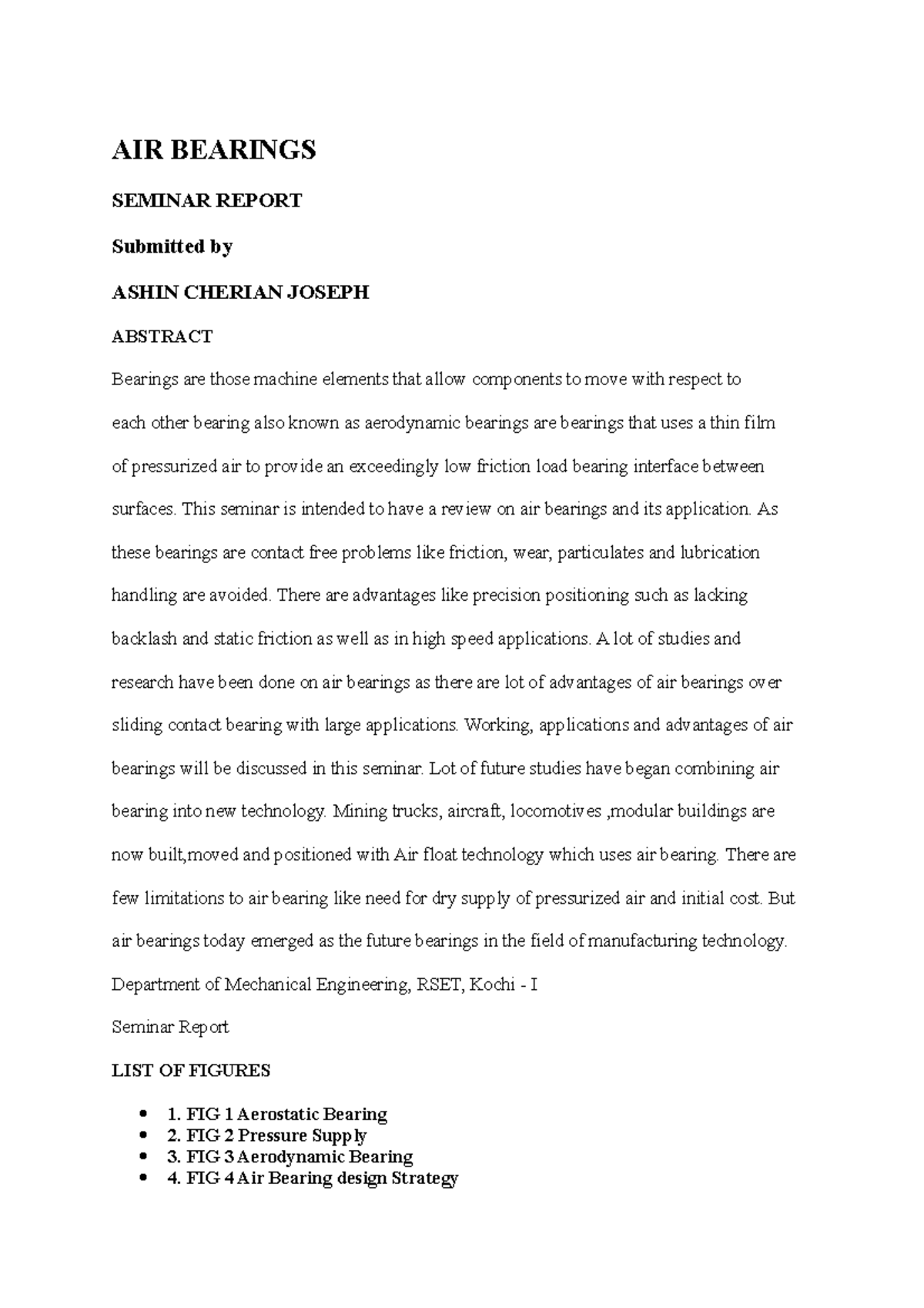 AIR Bearings AIR BEARINGS SEMINAR REPORT Submitted by ASHIN CHERIAN