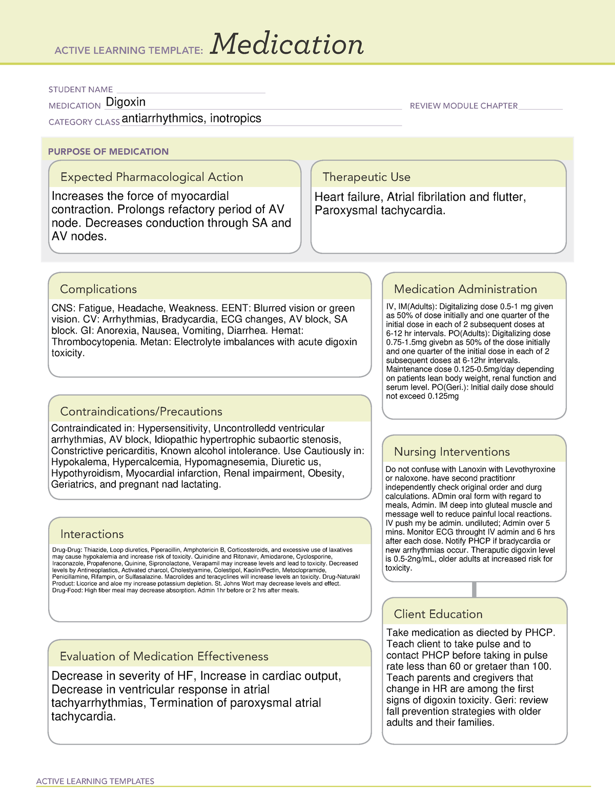 Ati Active Learning Template Medication Digoxin
