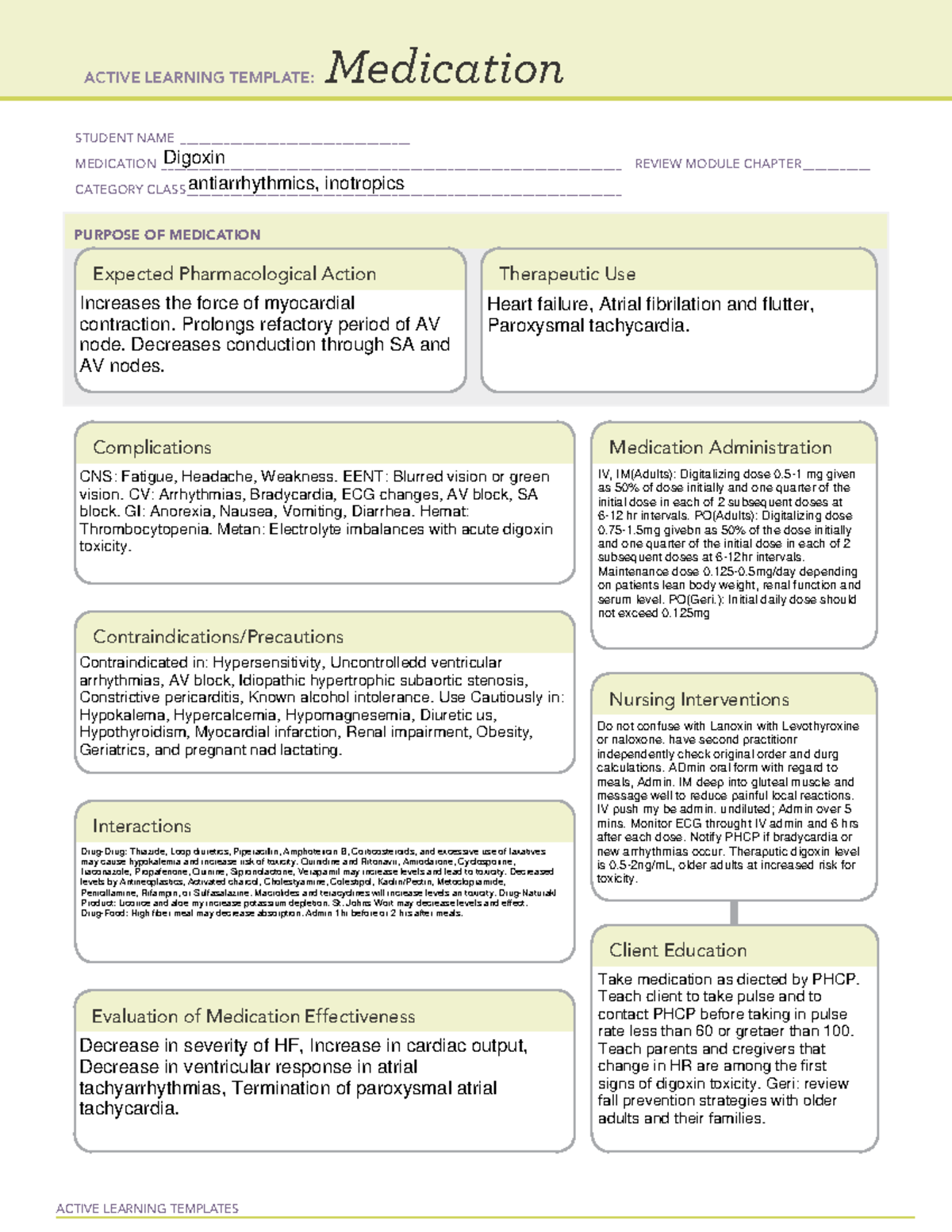 Digoxin Med Temp ACTIVE LEARNING TEMPLATES Medication STUDENT NAME 