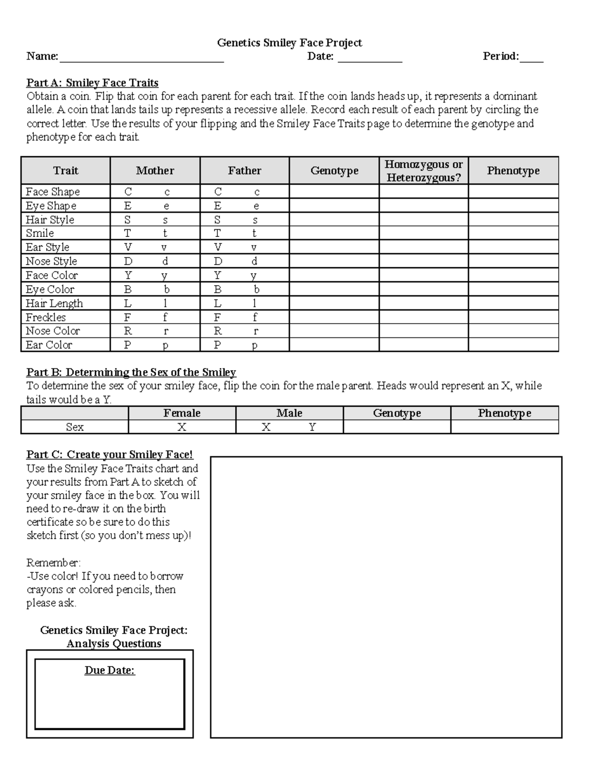 (2.18) Genetics Smiley Face Project - Genetics Smiley Face Project Name