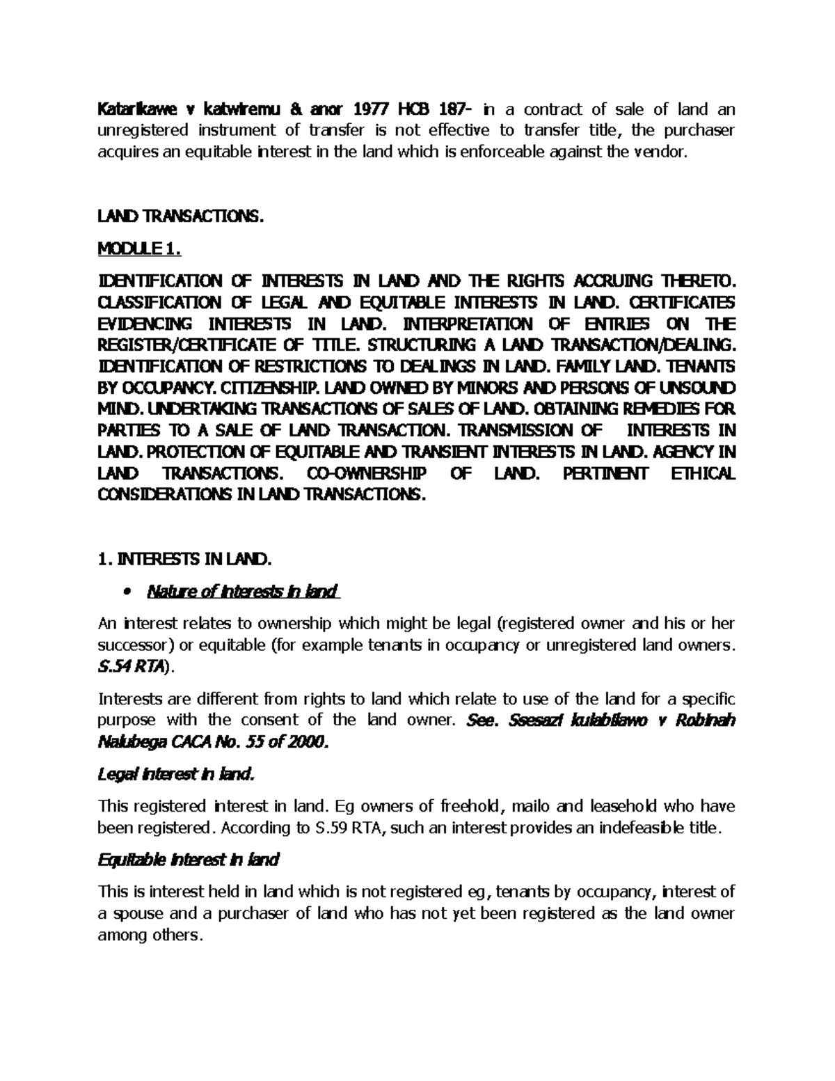 Final LAND Transactions Katarikawe v katwiremu & anor 1977 HCB 187
