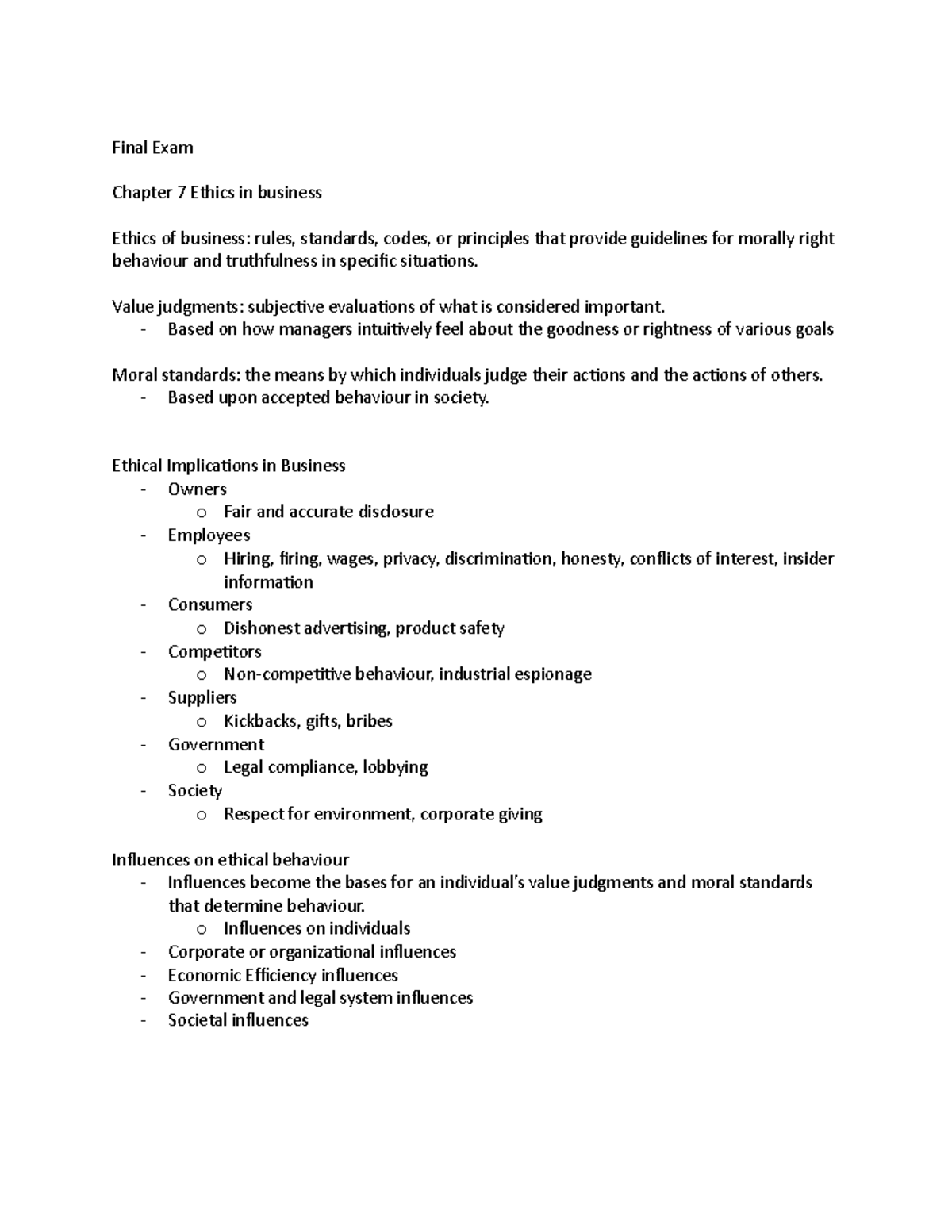 Final Exam Study Sheet - Final Exam Chapter 7 Ethics in business Ethics ...