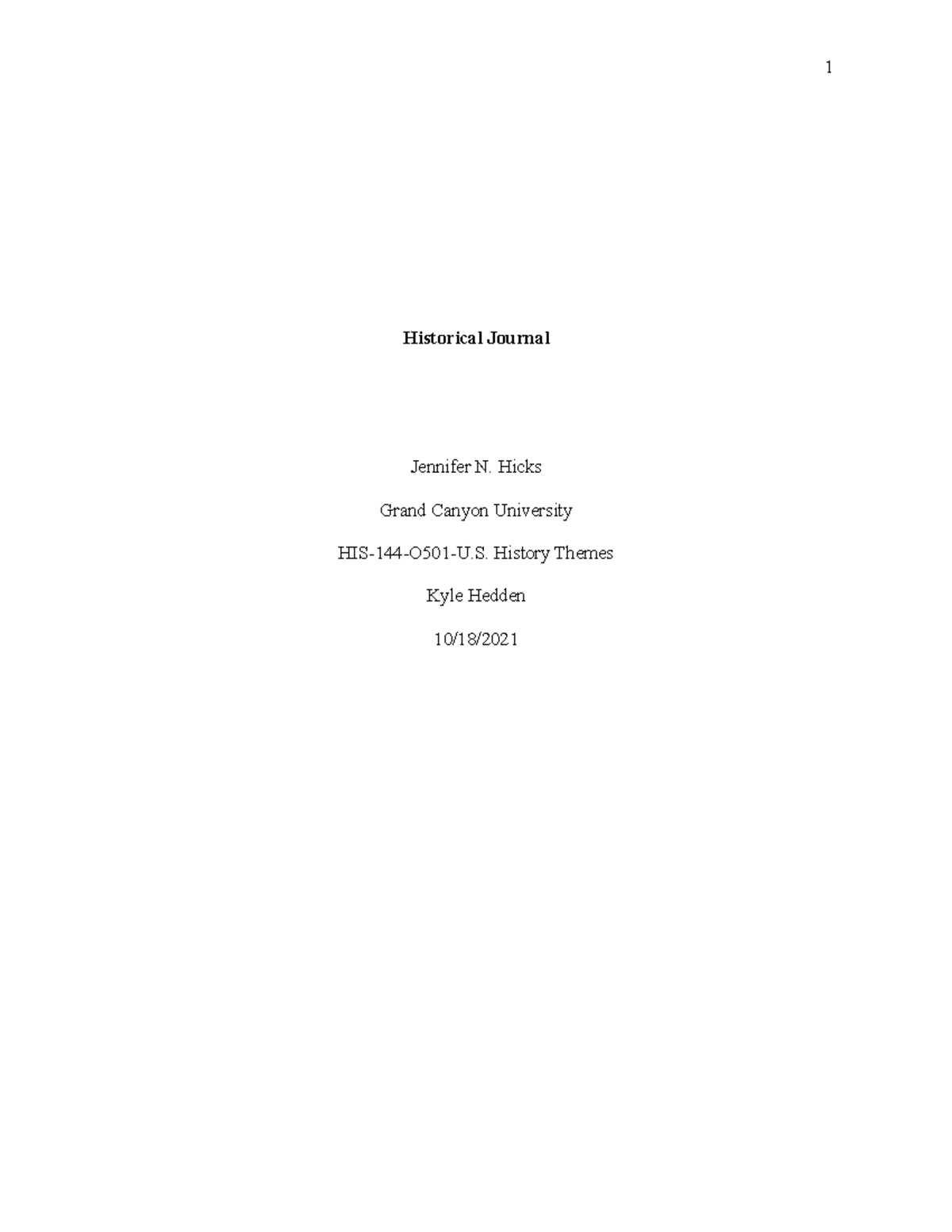 Historical Journal us hist 144 grand canyon university Hist144 GCU