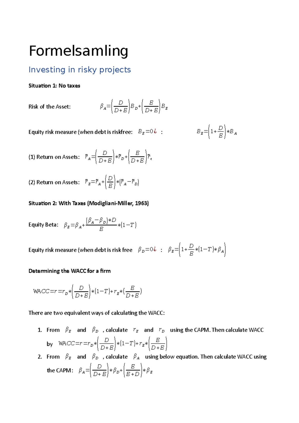 equation formula sheet - Formelsamling Investing in risky projects ...