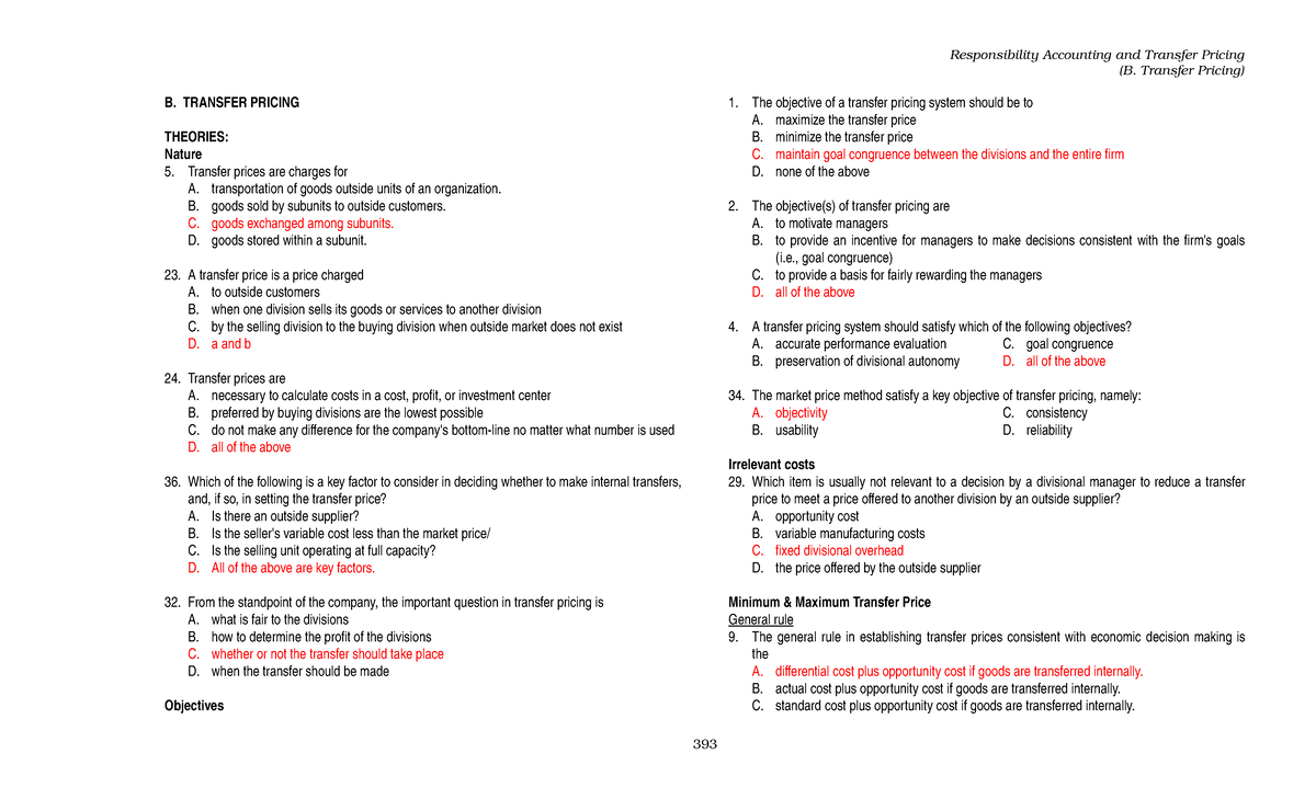 Exam 2017, Questions And Answers - (B. Transfer Pricing) B. TRANSFER ...