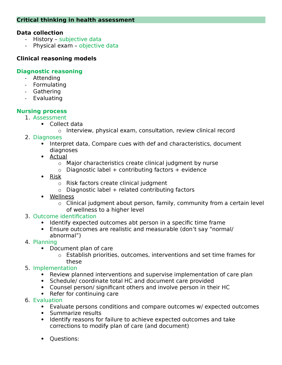 1. Critical thinking in health assessment - Assessment  Collect data o  Interview, physical exam, - Studocu