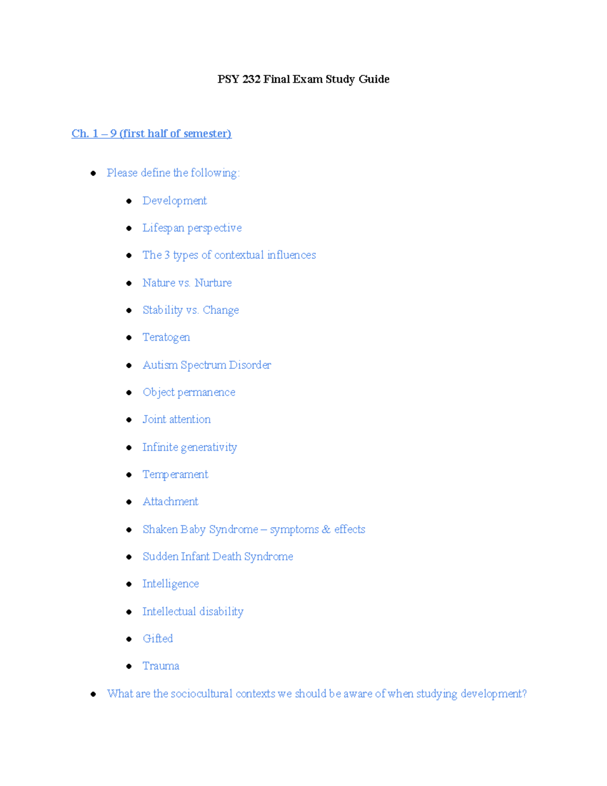 Final Exam Study Guide-PSY232 - PSY 232 Final Exam Study Guide Ch. 1 ...