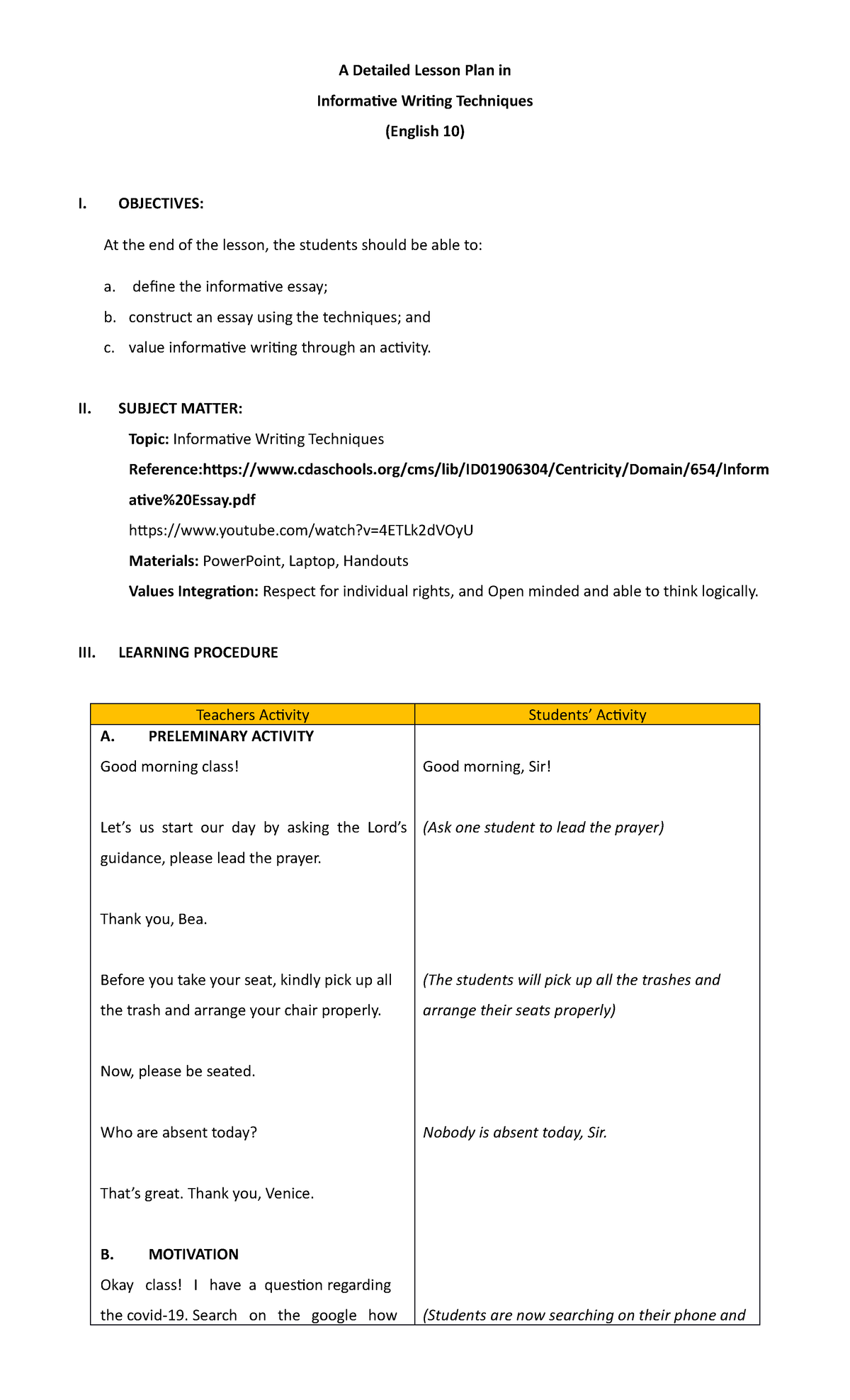 detailed lesson plan about informative essay