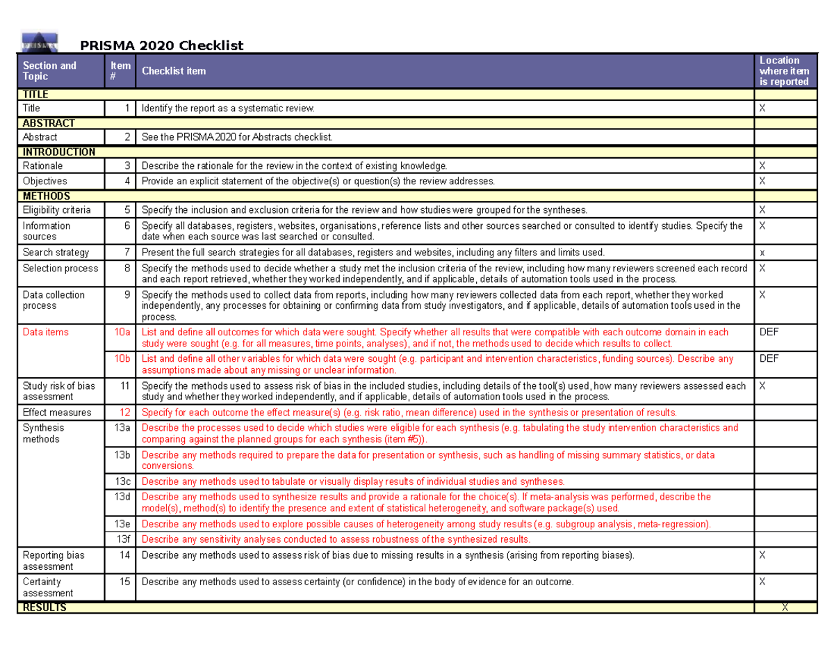 Prisma 2020 checklist - PRISMA 2020 Checklist Section and Topic **Item ...