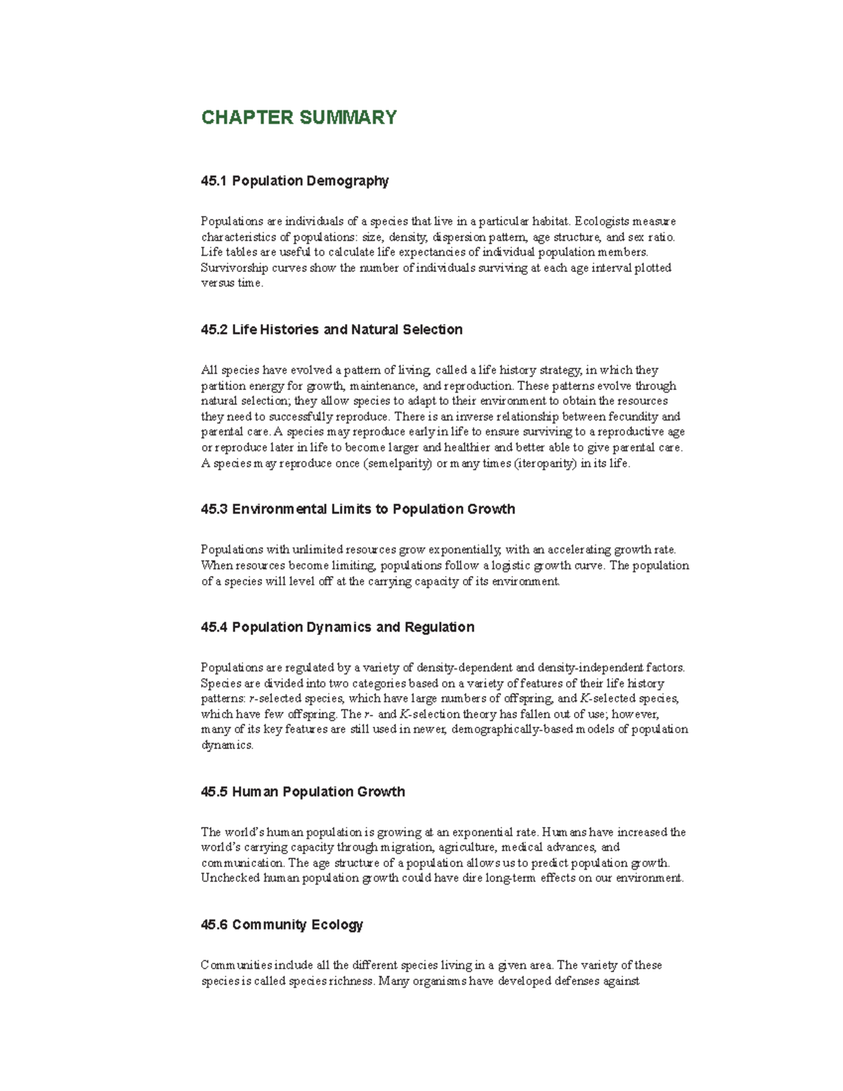 Chapter Summary 45 - 47 bio - CHAPTER SUMMARY 45 Population Demography ...