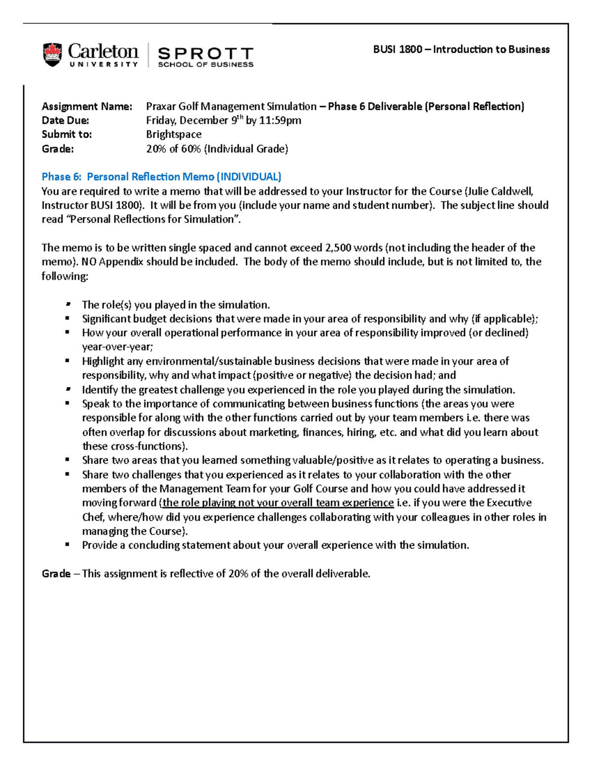 Assign#2 - Phase 6 Deliverable - Personal Reflection Memo - BUSI 1800 ...