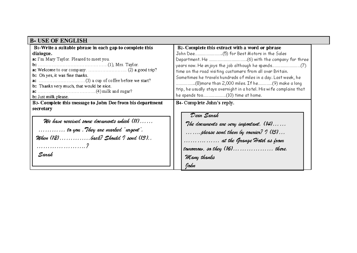 ENI - USE OF English - ENI - B- USE OF ENGLISH B 1 -Write A Suitable ...