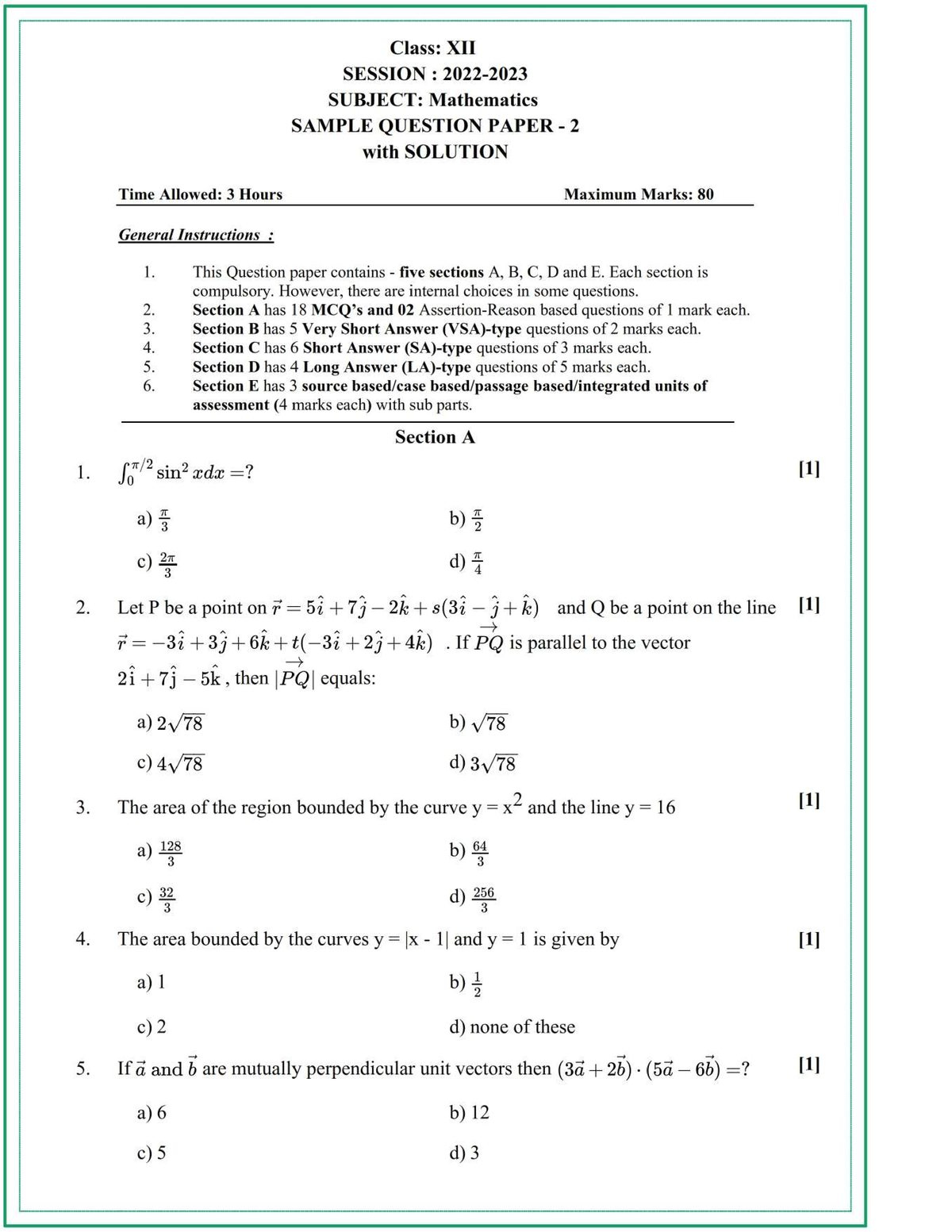 Sample Paper Maths 12 - Mathematics-I - Studocu