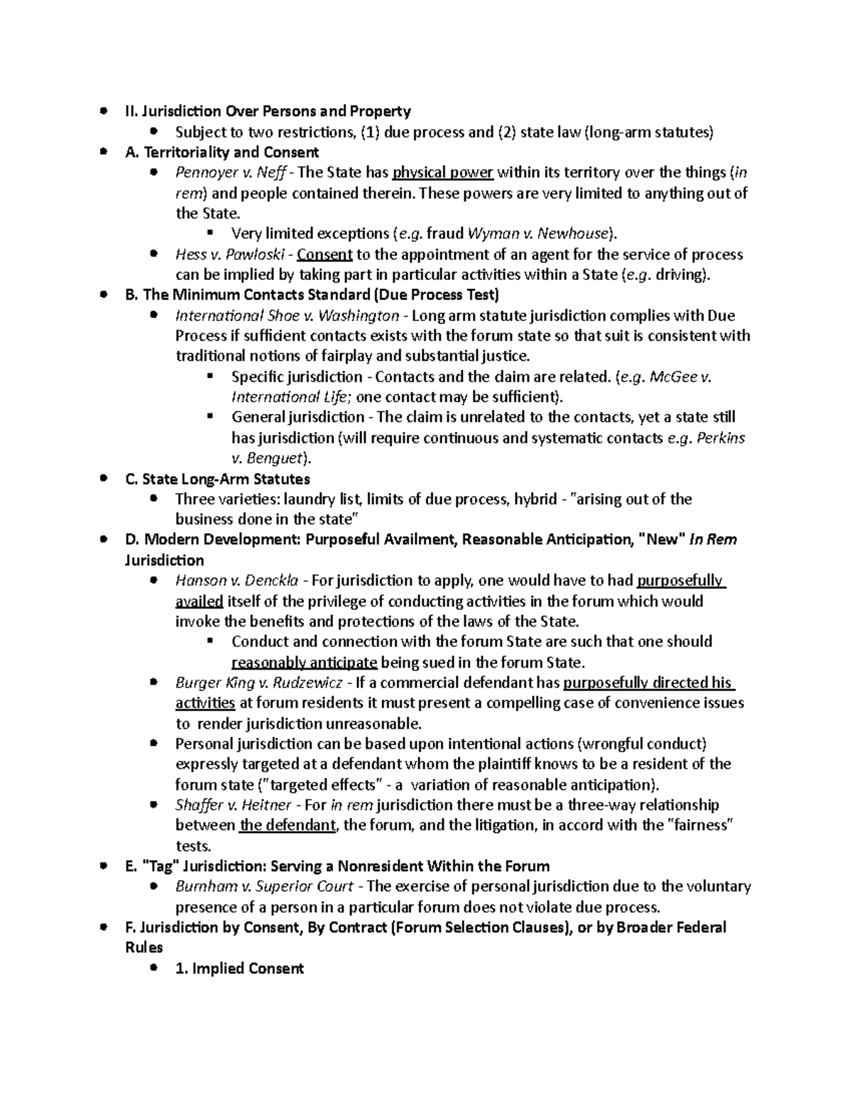 Civ Pro Outline 1 - Summary Civil Procedure - II. Jurisdiction Over ...