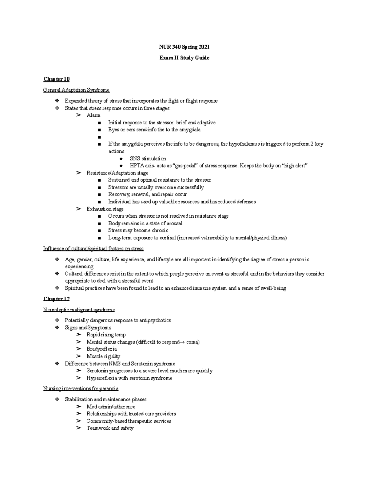 NUR340 Exam 2 - NUR 340 Spring 2021 Exam II Study Guide Chapter 10 ...