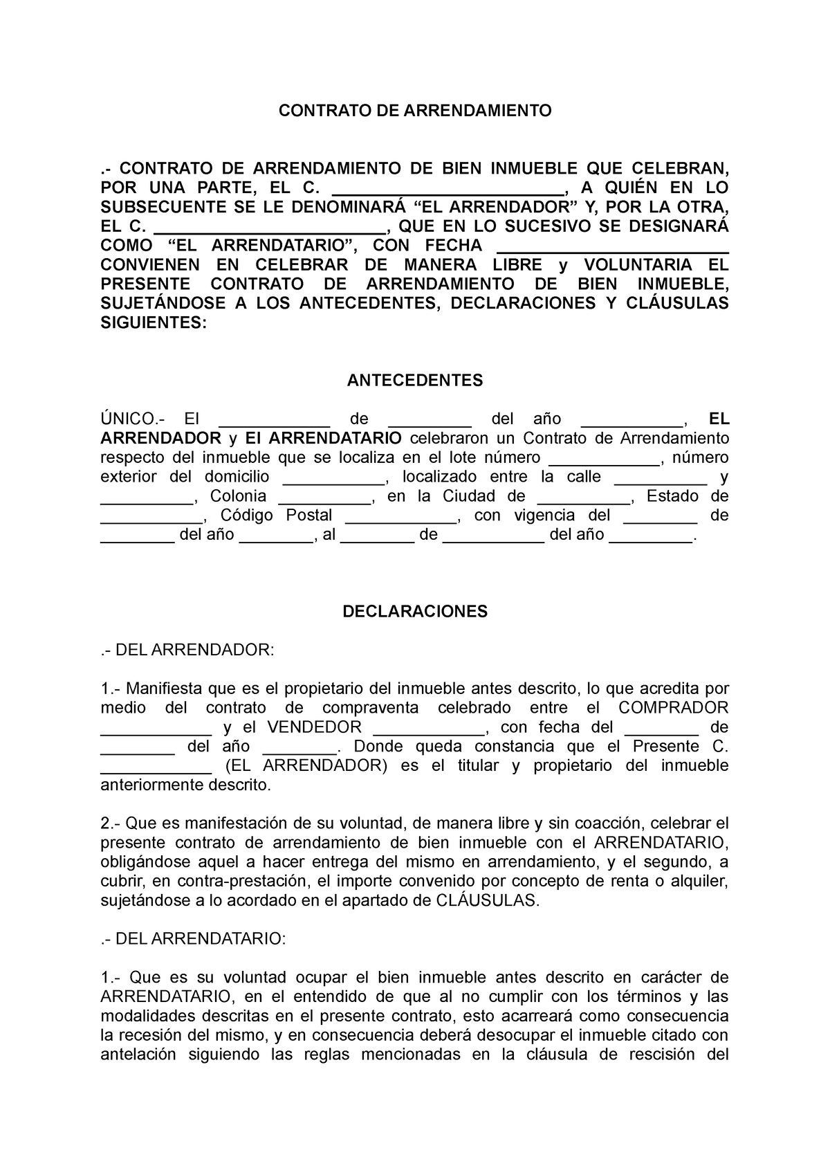 Contrato Arrendamiento Contrato De Arrendamiento Contrato De Arrendamiento De Bien Inmueble 6267