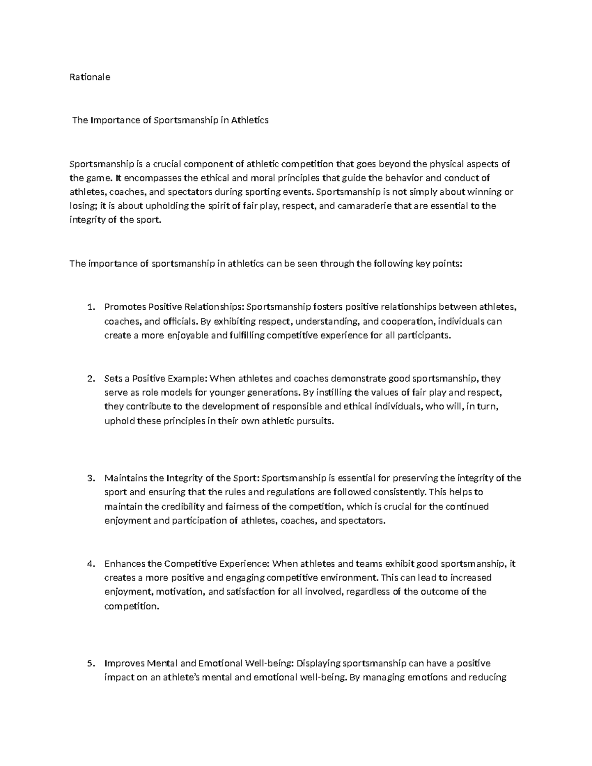 Concept Paper on Sports Festival - Rationale The Importance of ...