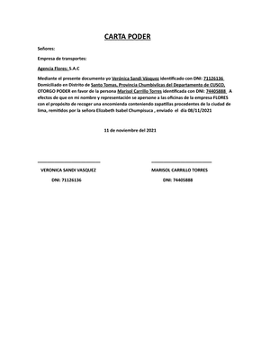 Carta Poder - CARTA PODER Señores: Empresa de transportes: Agencia Flores:   Mediante el presente - Studocu