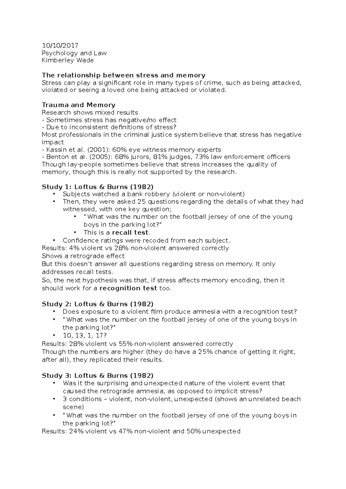 Lecture 2 notes week 2 - 10/10/ Psychology and Law Kimberley Wade The ...