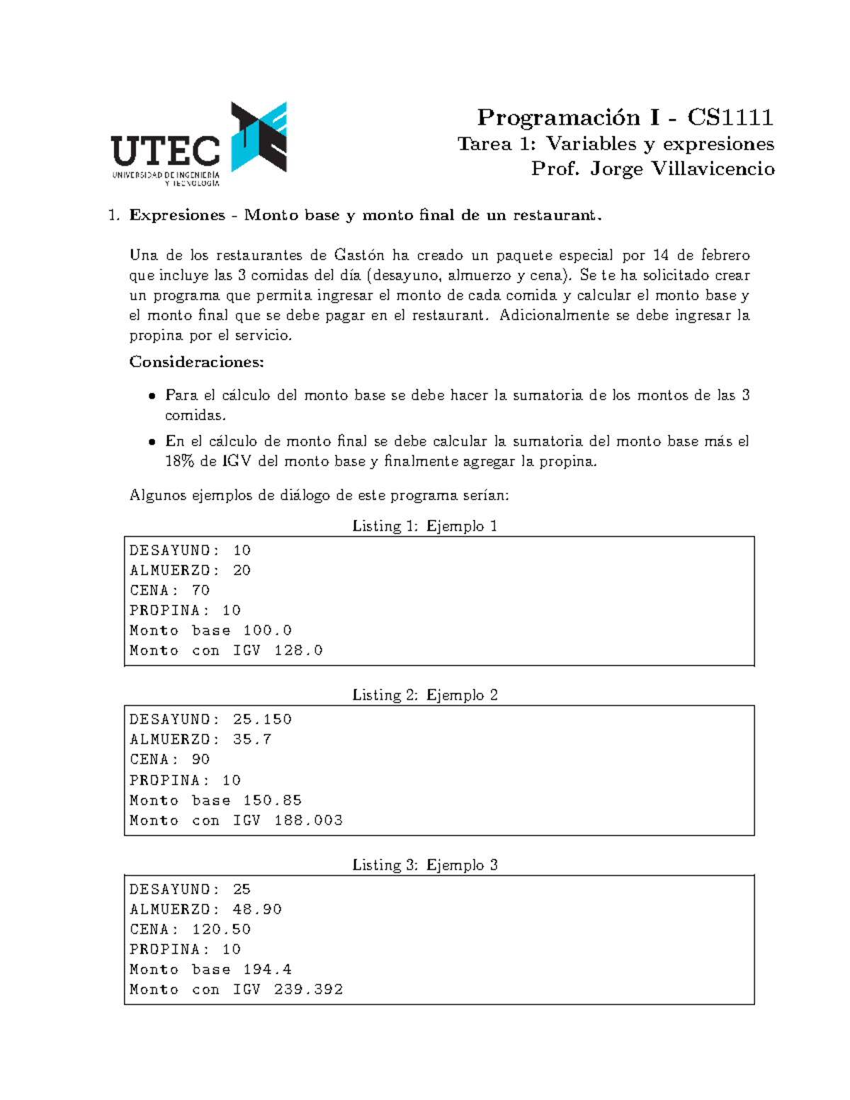 2023 1 Programacion I Tareas - Programaci ́on I - CS Tarea 1: Variables ...