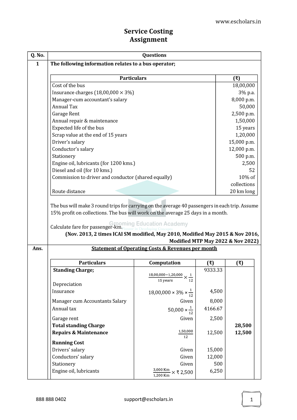 assignment on service costing