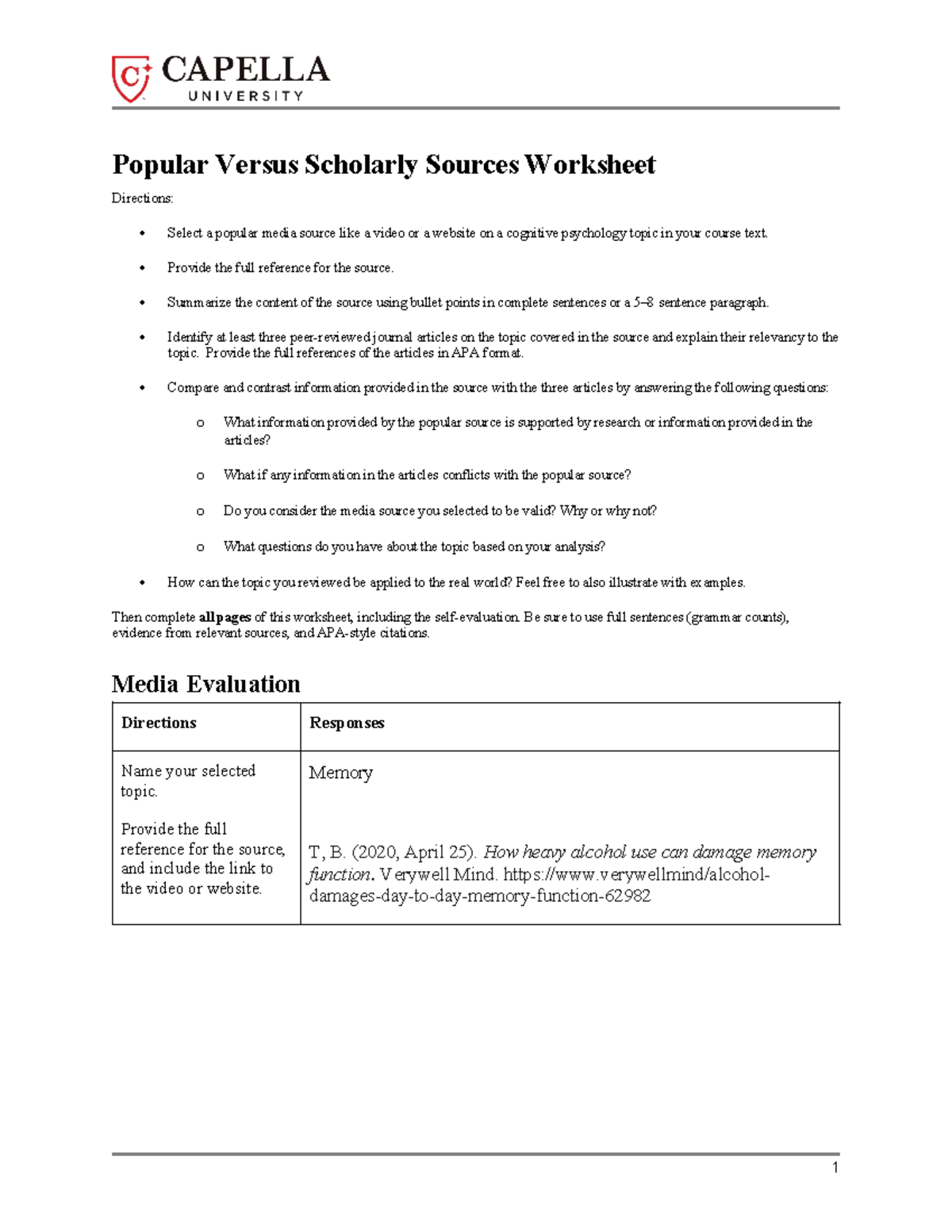 PSYC-FPX3500 Assessment 1-1 - Popular Versus Scholarly Sources ...