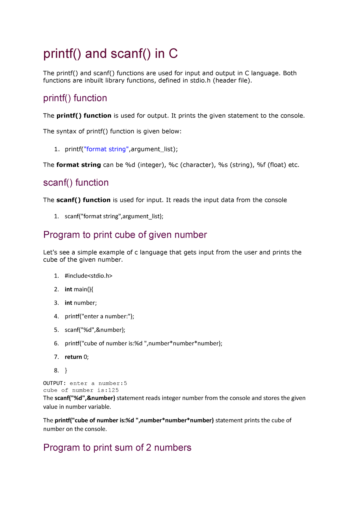 C Programming Notes Printf And Scanf In C The Printf And Scanf 