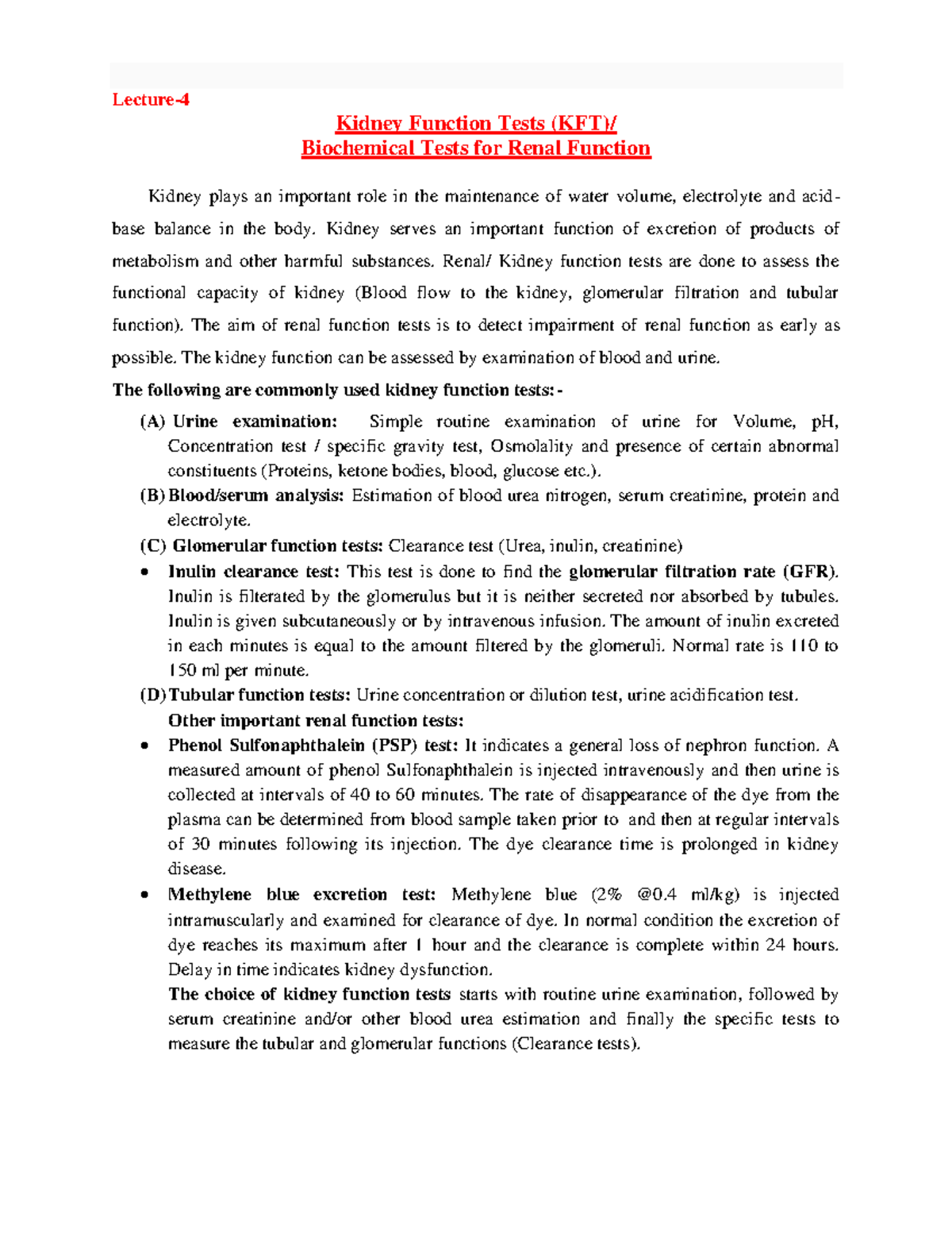 Biochemical test for renal function - Lecture- Kidney Function Tests ...