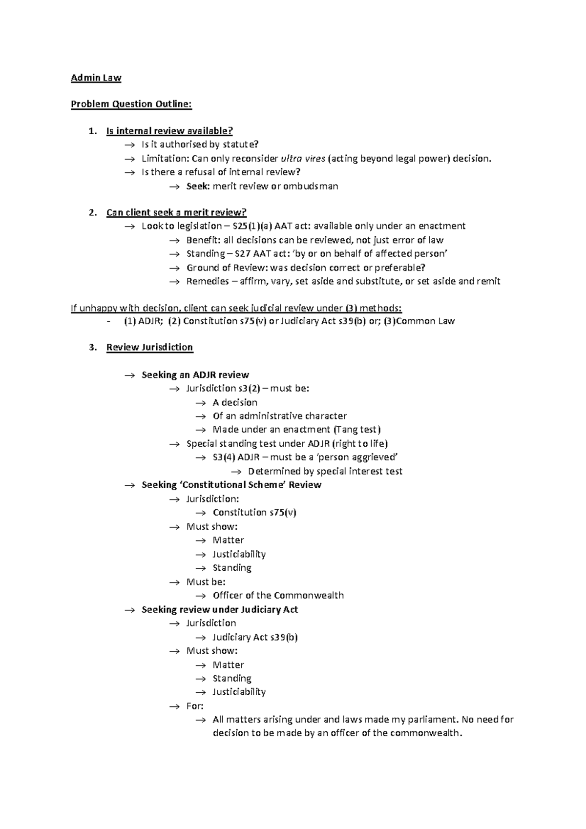 Answer summary - overview - Admin Law Problem Question Outline: 1. Is ...