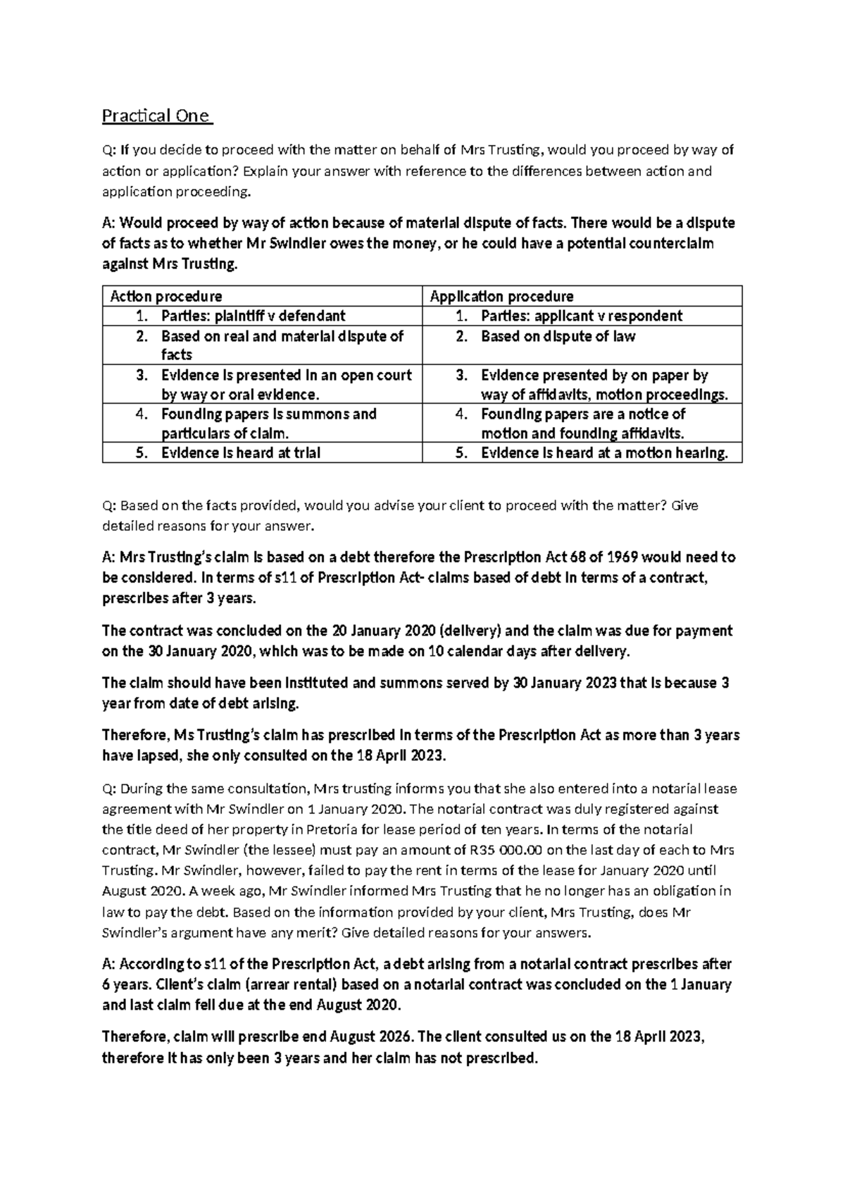Civil Procedure Practicals - Practical One Q: If you decide to proceed ...