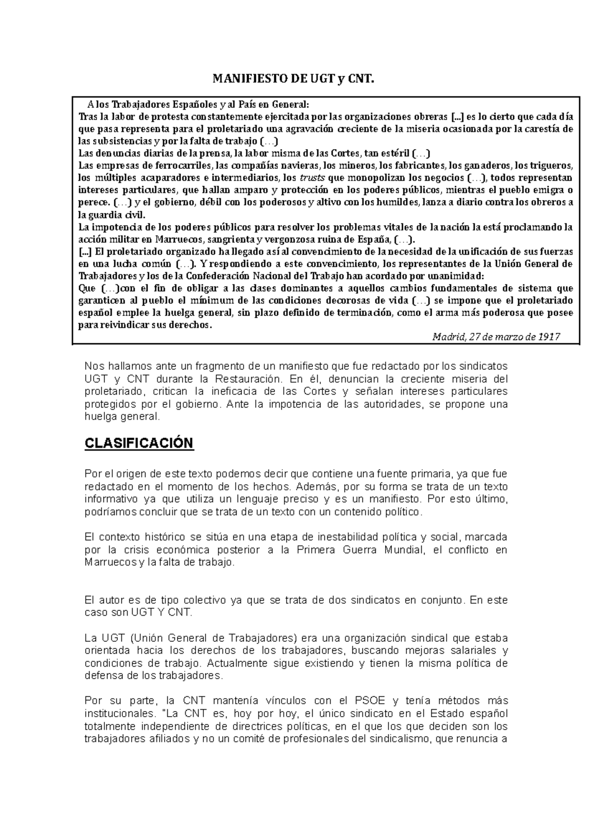 22. Manifiesto CNT-UGT - MANIFIESTO DE UGT y CNT. Nos hallamos ante un ...