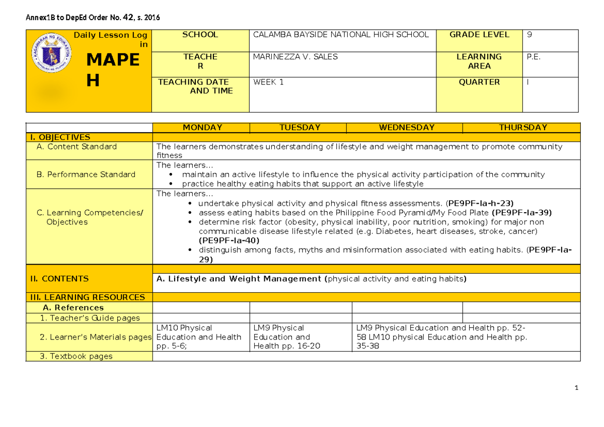 430957212 Q1 Grade 9 PE DLL Week 1 PDF Version 1 - Daily Lesson Log in ...