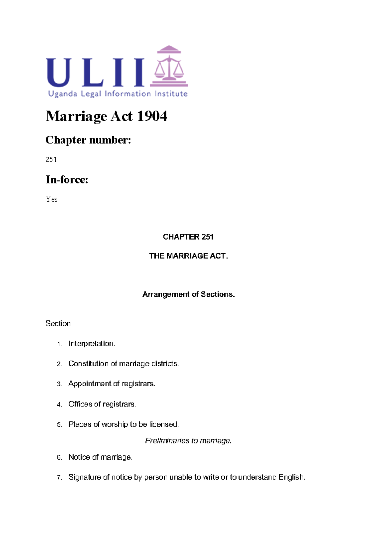 MarriageAct1904 Uganda Marriage Act 1904 Chapter number 251 In