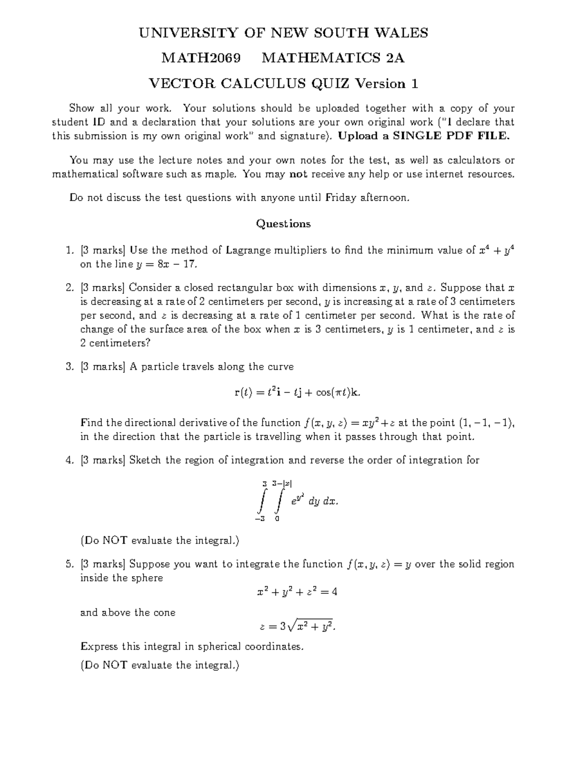 VCtest v1 - Past exam - UNIVERSITY OF NEW SOUTH WALES MATH2069 ...